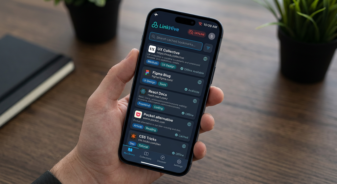 LinkVault offline mode showing cached bookmarks with search and offline indicator